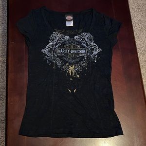 Harley-Davidson burnout black tee shirt L juniors size distressed lightweight